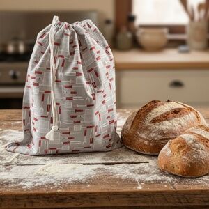 Gray & Red BBQ Utensil Bread Bag, Reusable Cotton Sourdough Storage, Farmhouse